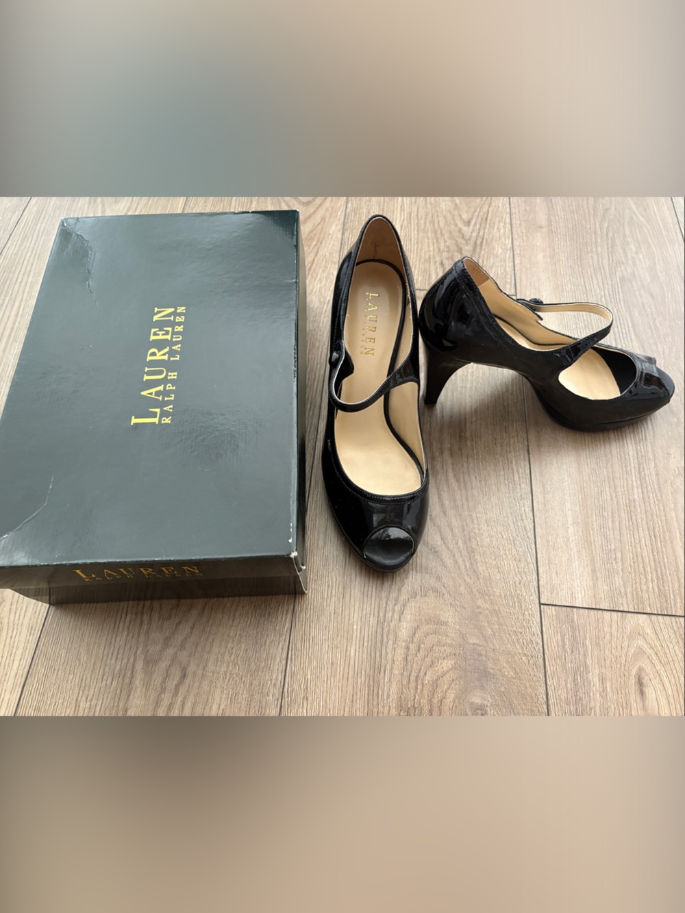 Lauren Ralph Lauren Black Patent Peep-Toe Slingback Heels